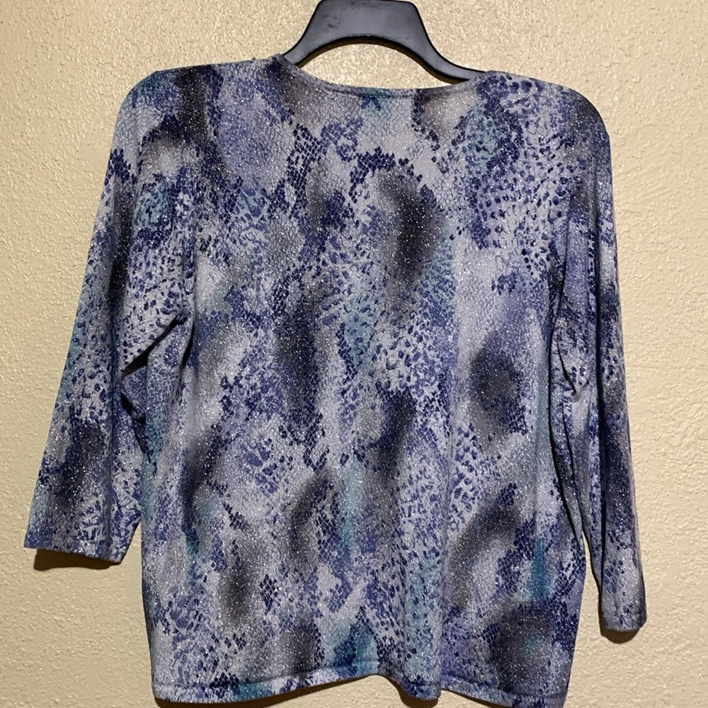 Alfred Dunner Top Blouse M Stretchy Beaded Metallic Pull Over Blue Gray Rayon - Picture 13 of 16